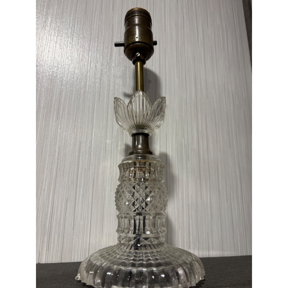 Vintage Cut Glass Table Lamp Base Hollywood Regency Diamond Pattern Brass 10.5"